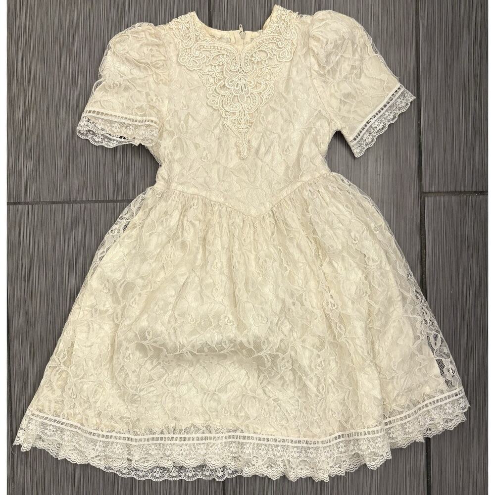 Vintage Gunne Sax Jessica McClintock Toddler Lace Dress Size 3/4 Ivory